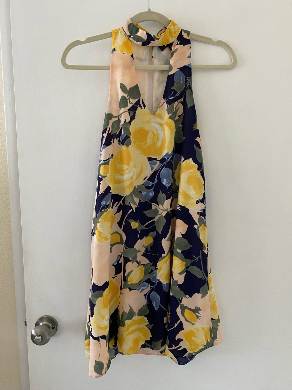 Lulu's Navy Floral Halter Mini Dress with Yellow Roses - Picture 1 of 7